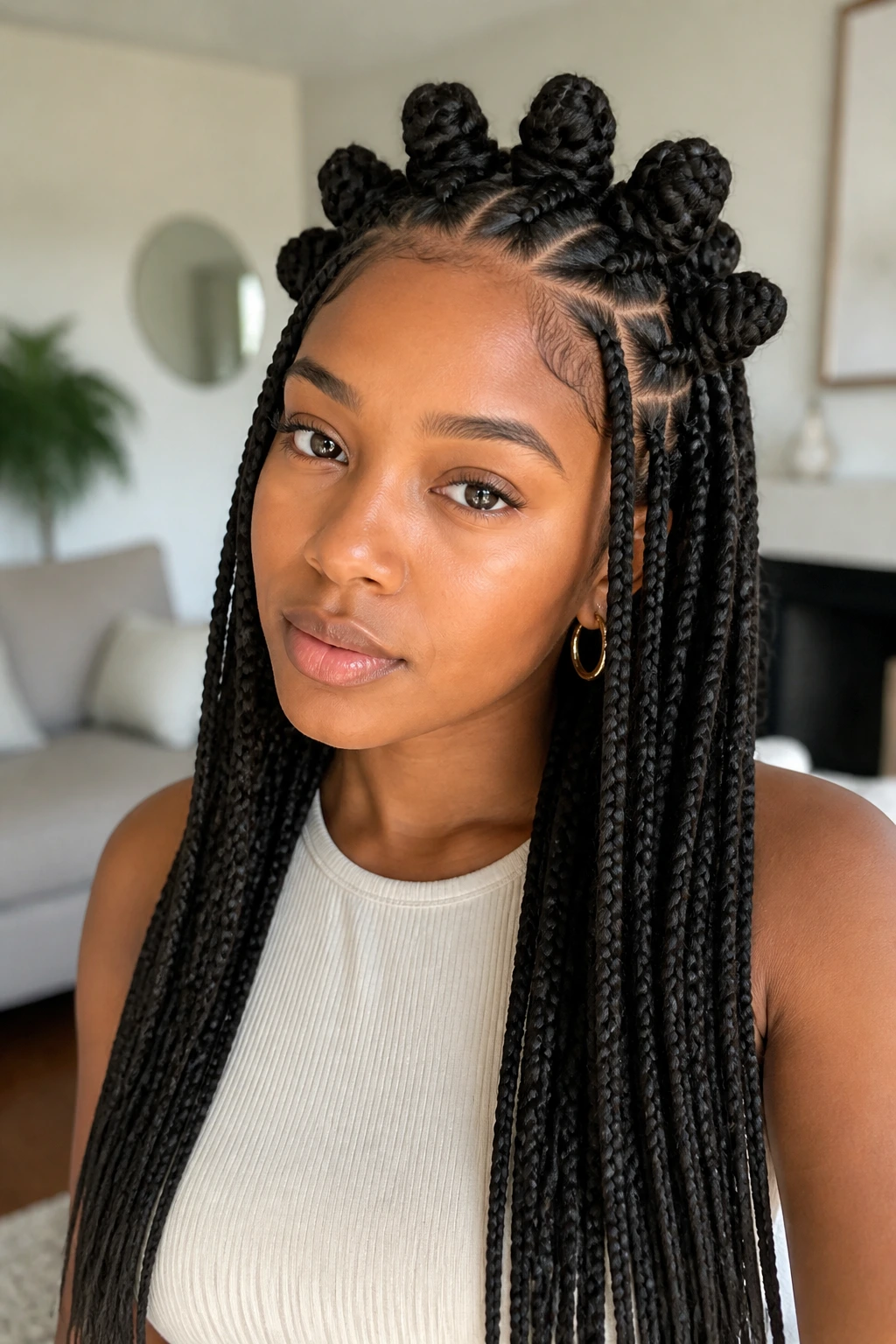 Real person with a half-up knot crown over long box braids.
