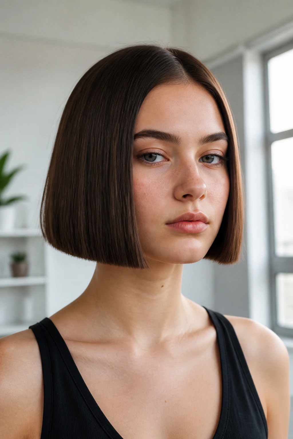 Teen with boxy bob: close-up portrait highlighting crisp sharp edges and blunt silhouette
