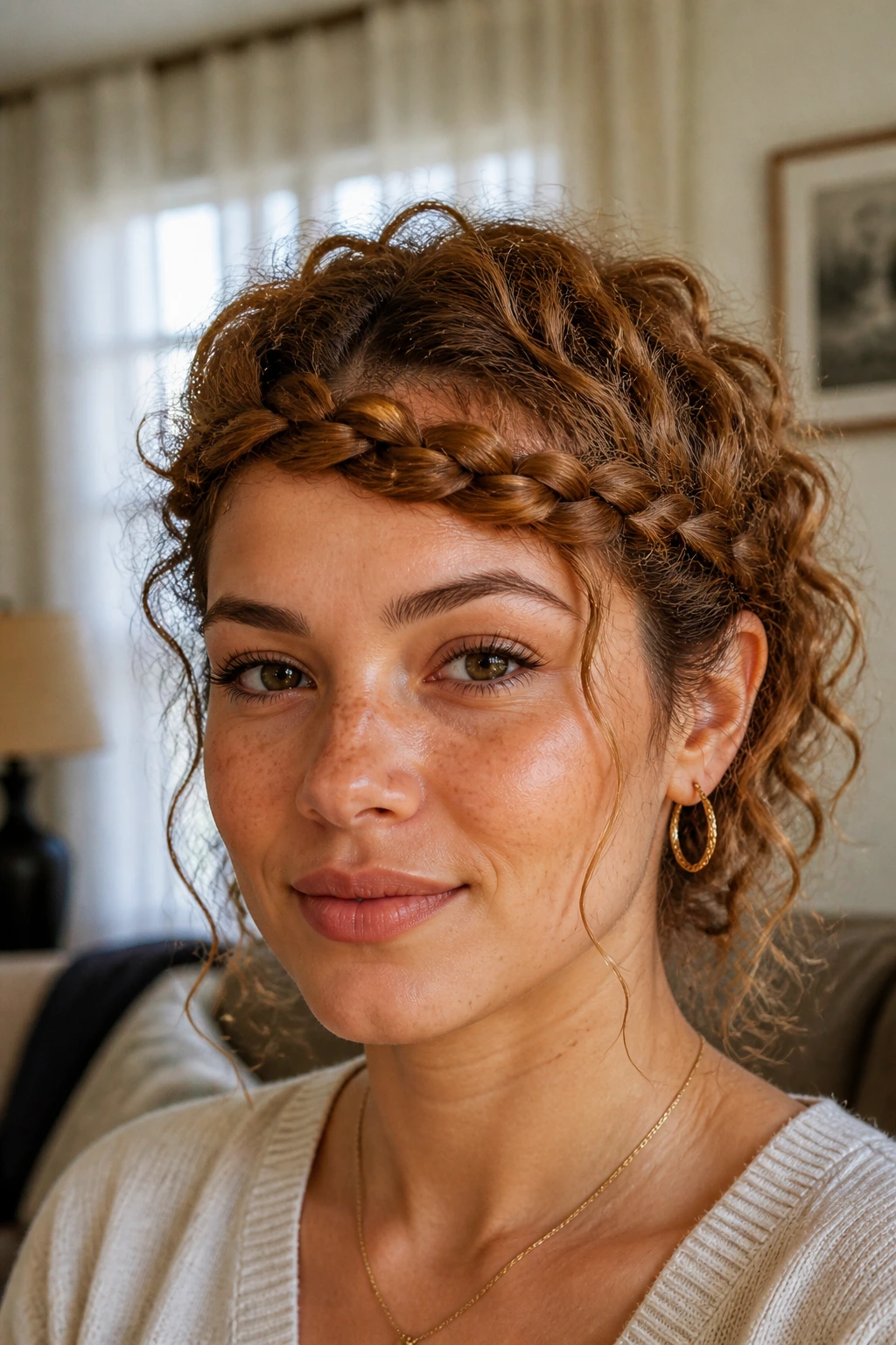 Close-up of a woman wearing a braided bang across the forehead