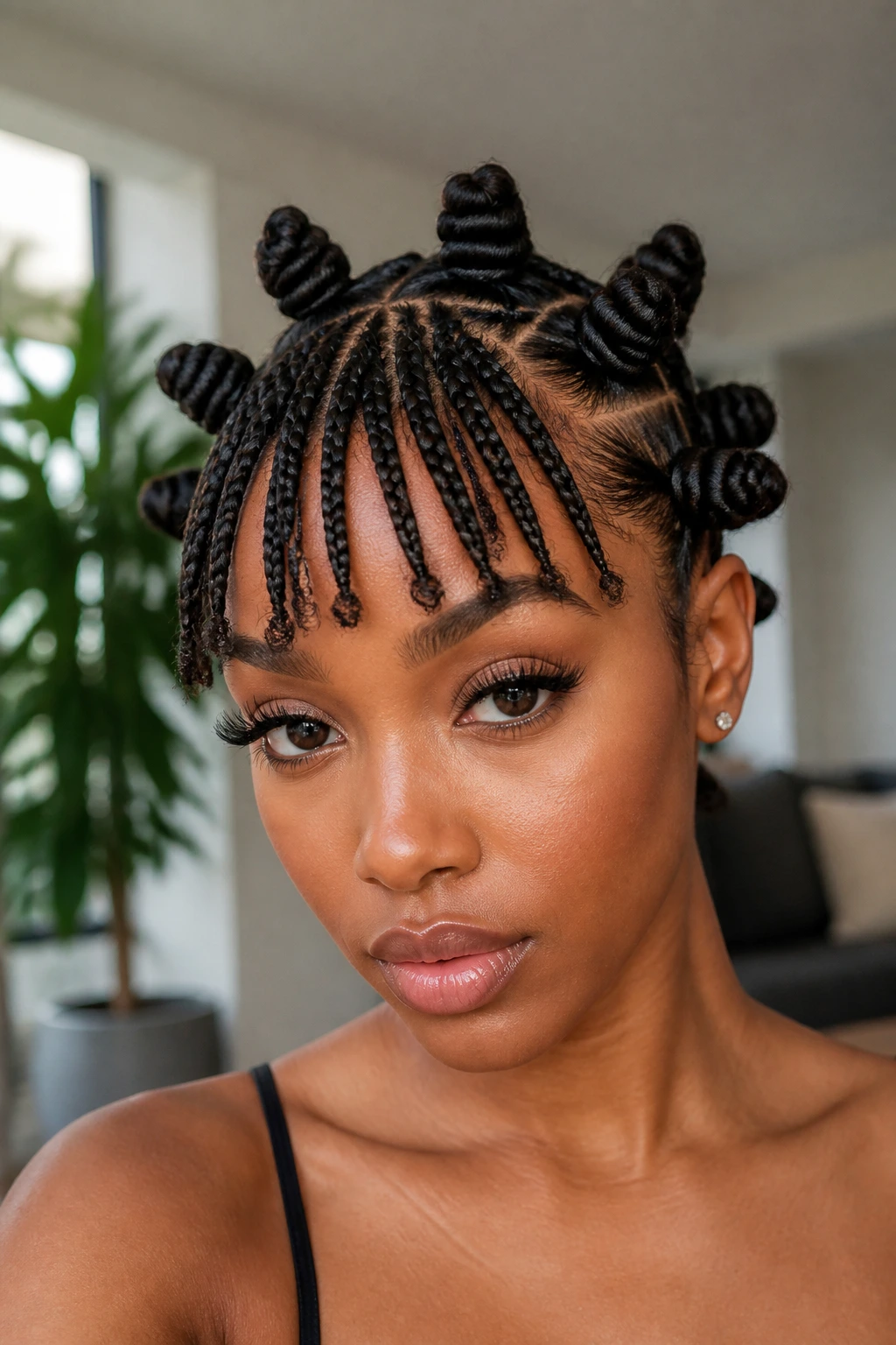Close-up of a woman with braided bangs and bantu knots combo