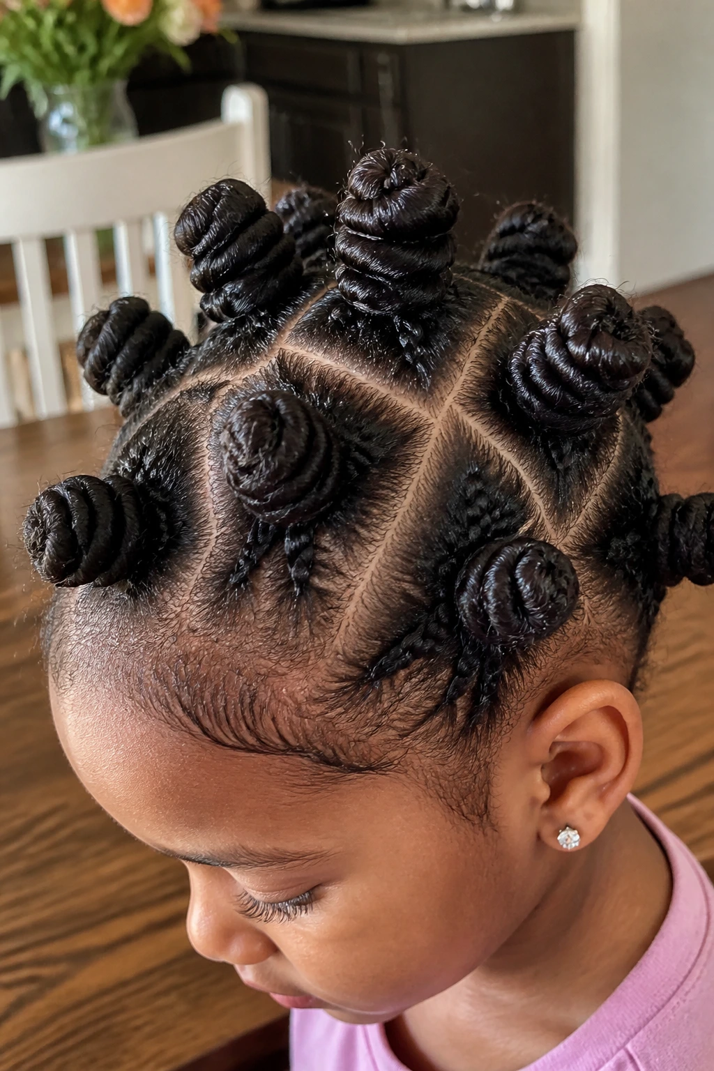 Child with braided-base bantu knots close-up