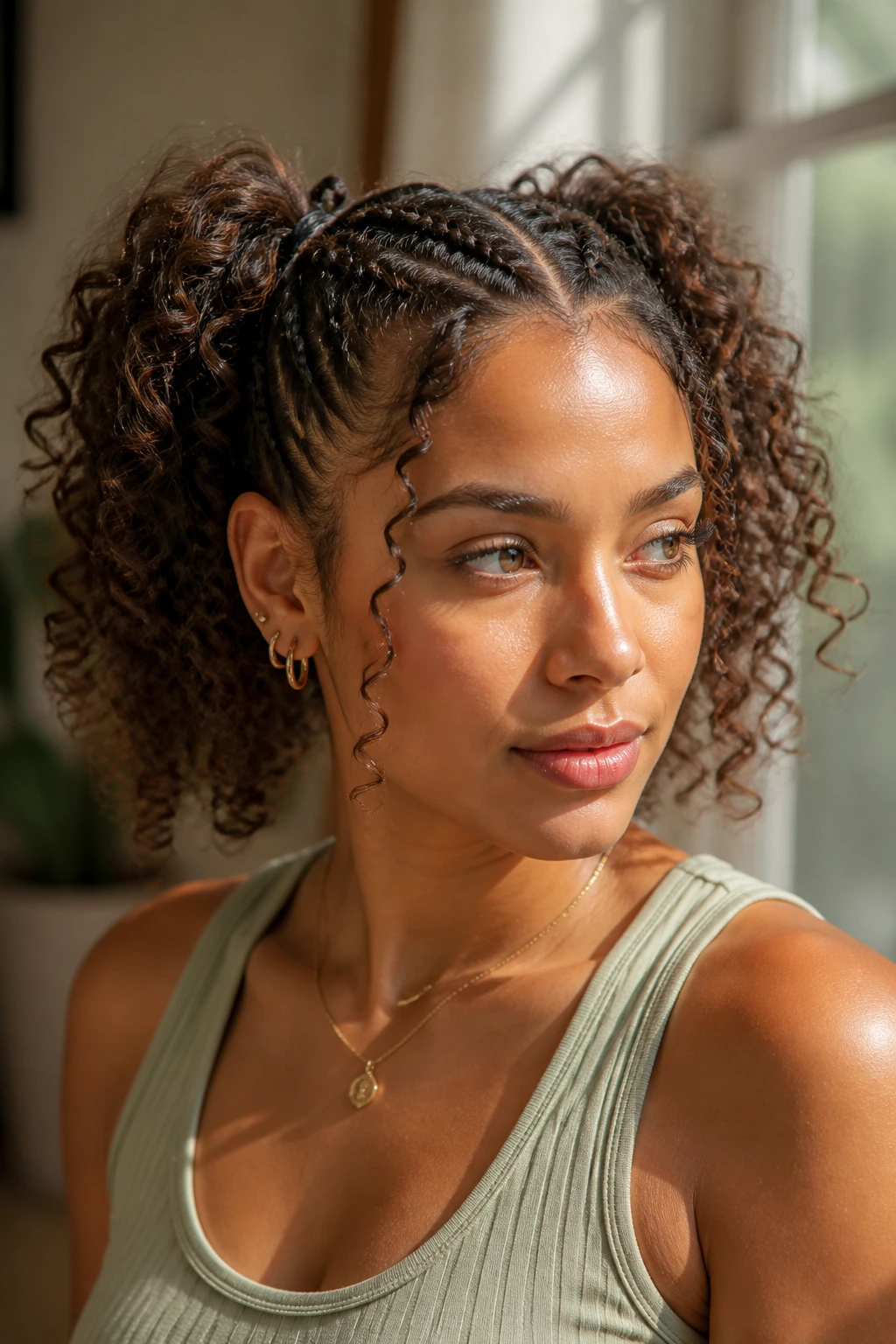 Close-up of a real woman with braided-base curly pigtails