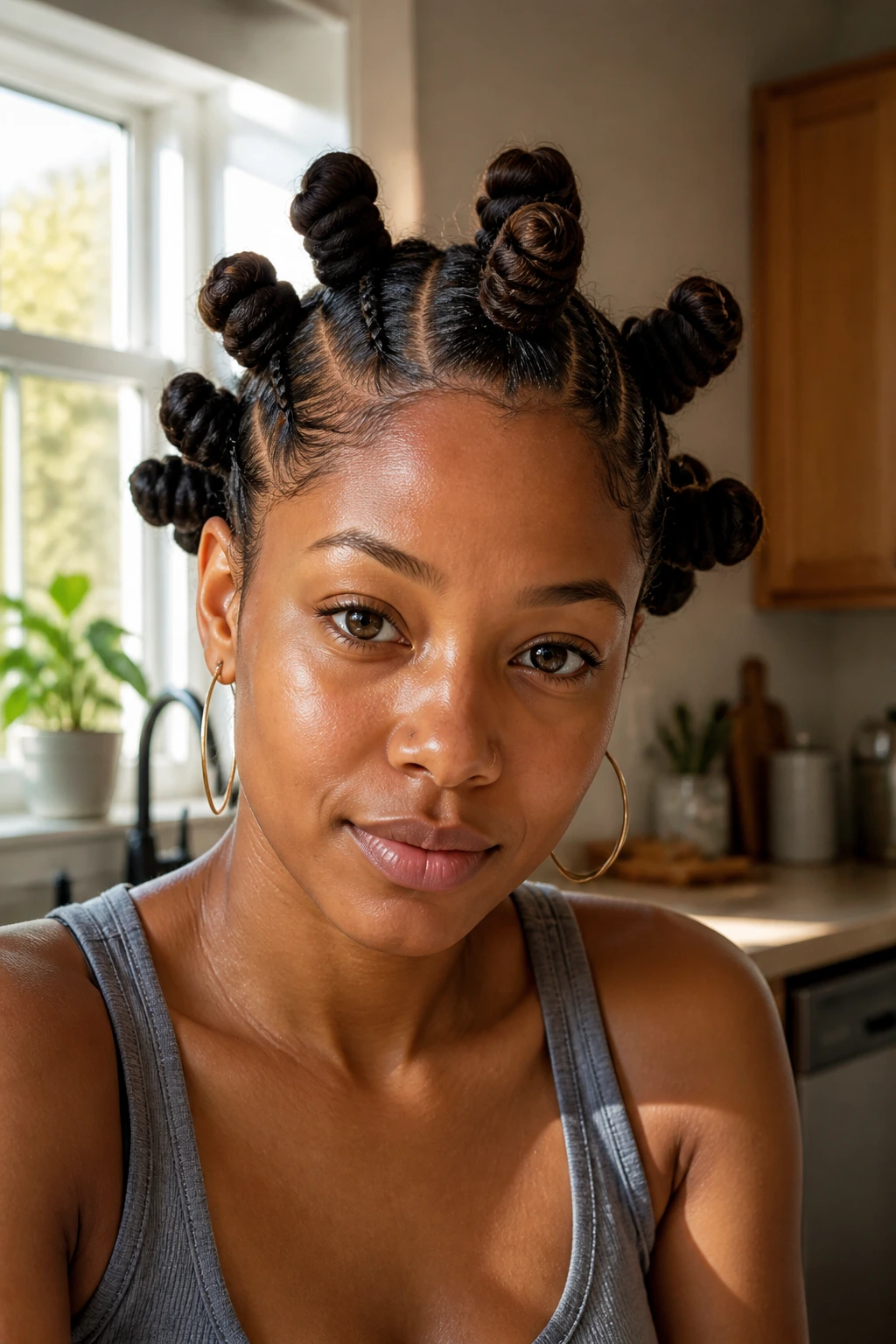 Close-up portrait of a real person with braided-base began knots at roots