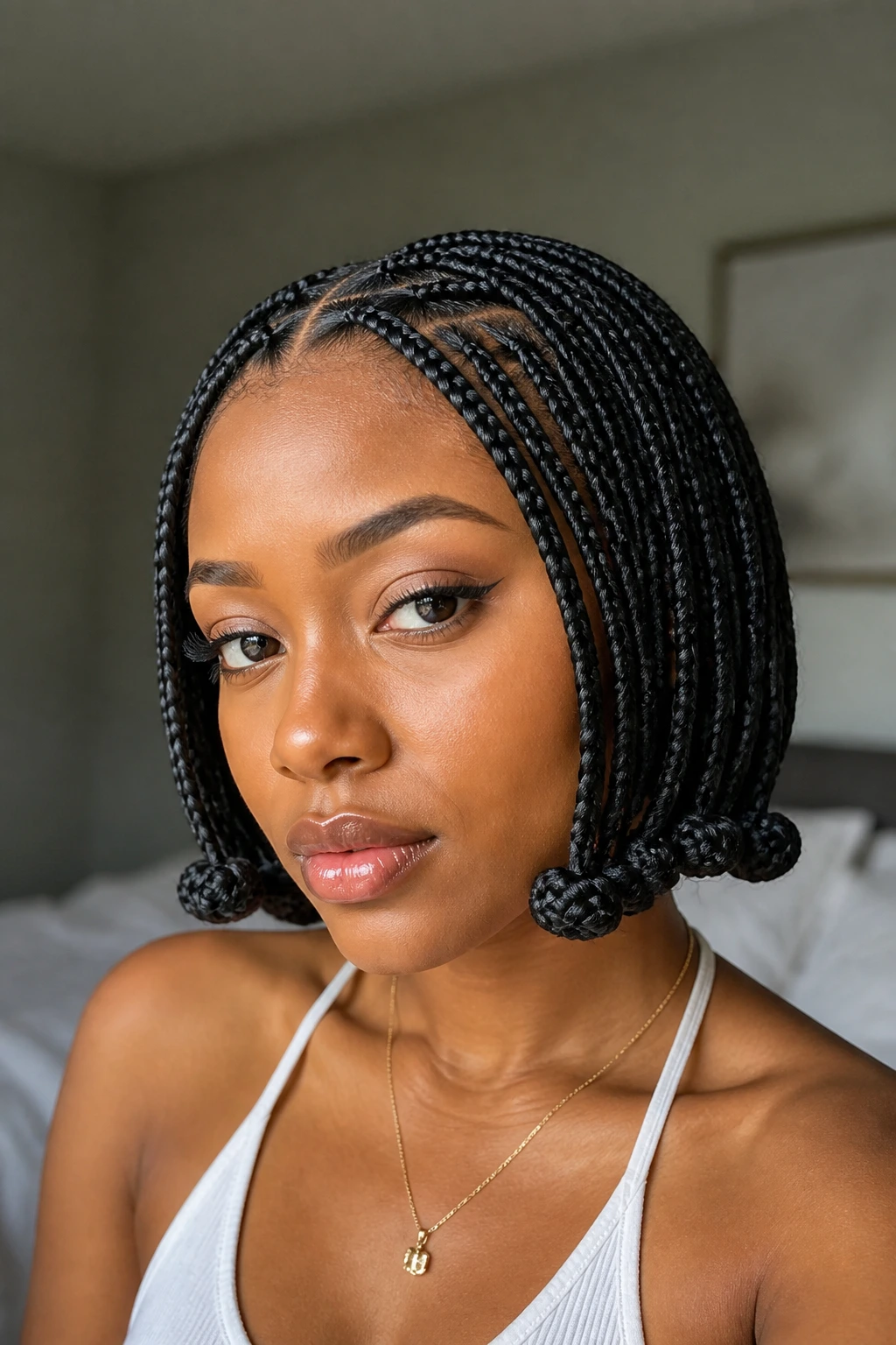 Braided bob with four rounded knots on real person