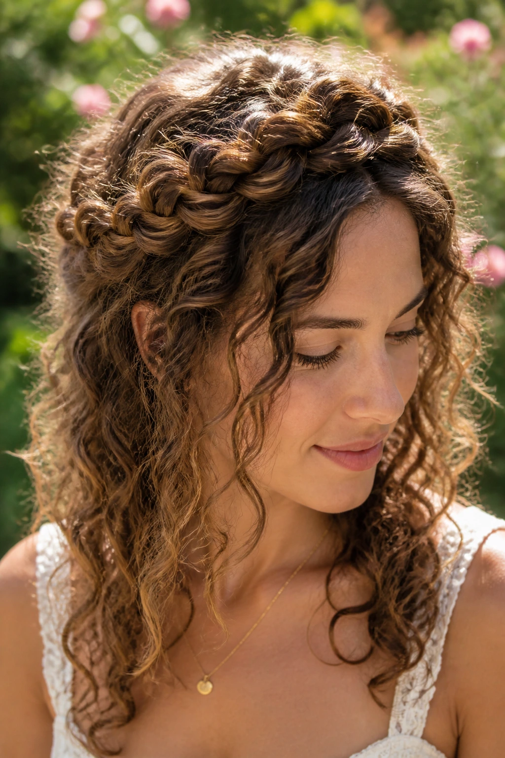 Close-up portrait of a real woman with a loose crown braid and 2B waves.