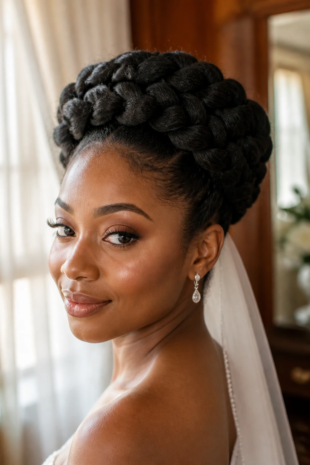 Close-up of a real bride with a braided crown Afro updo in a warm bridal suite
