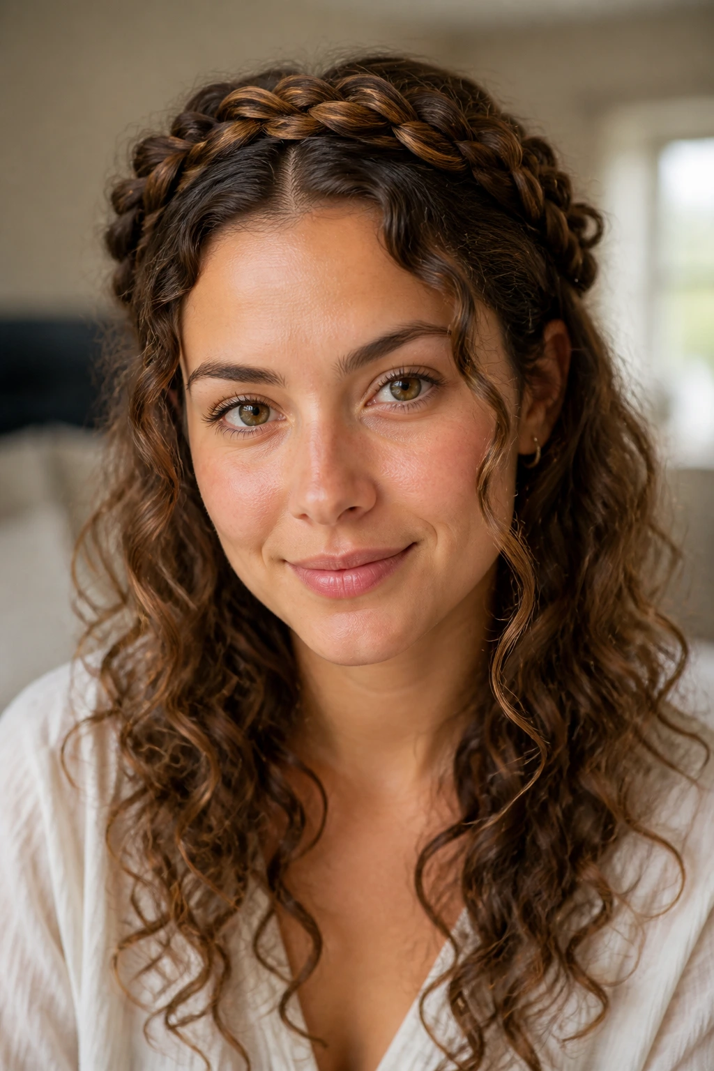 Close-up of a real person wearing a braided crown with loose curls framing the face in warm window light