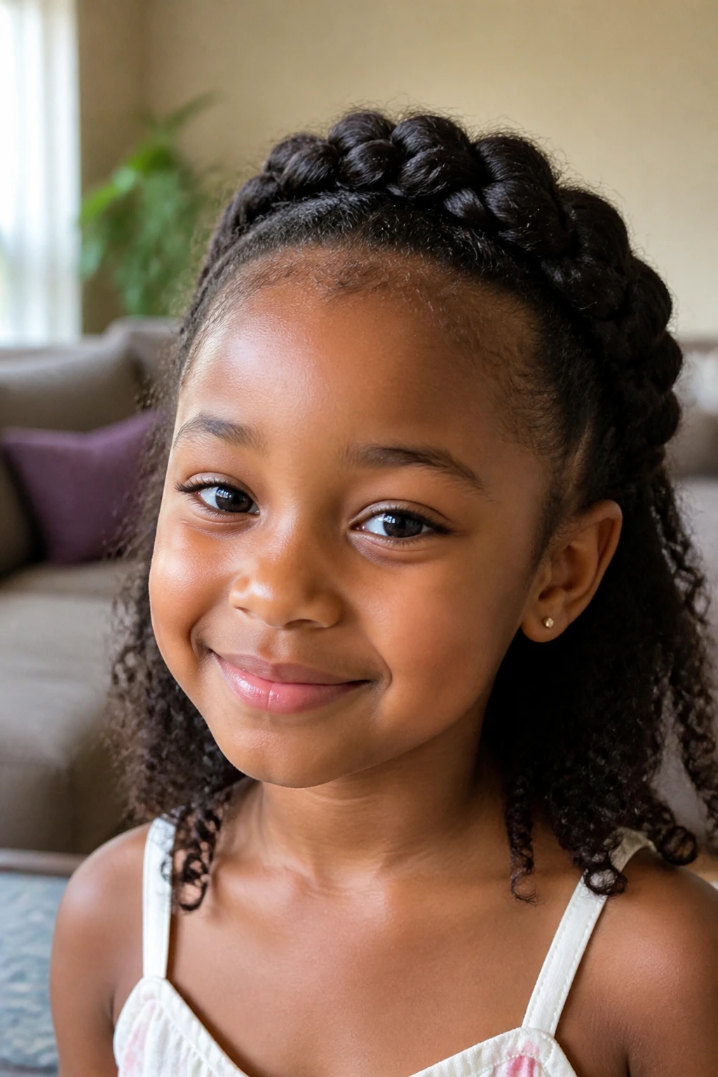 Close-up of a real child with a braided crown and loose ends