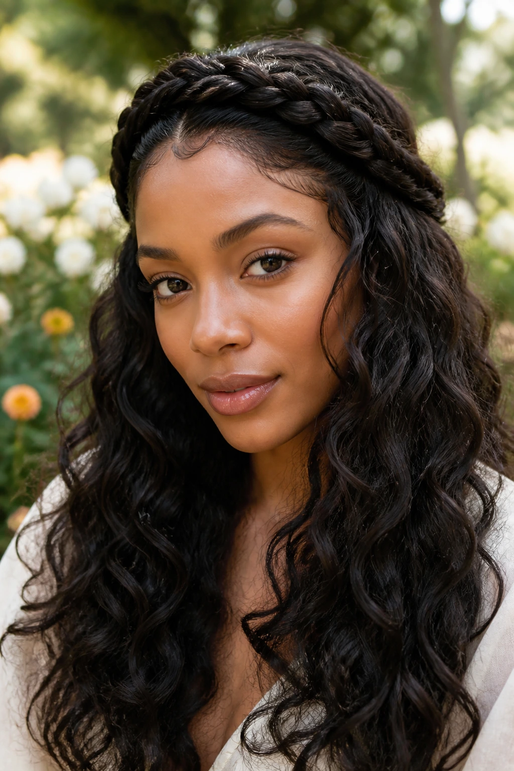 Portrait of a woman with a braided crown and loose curls framing the face.