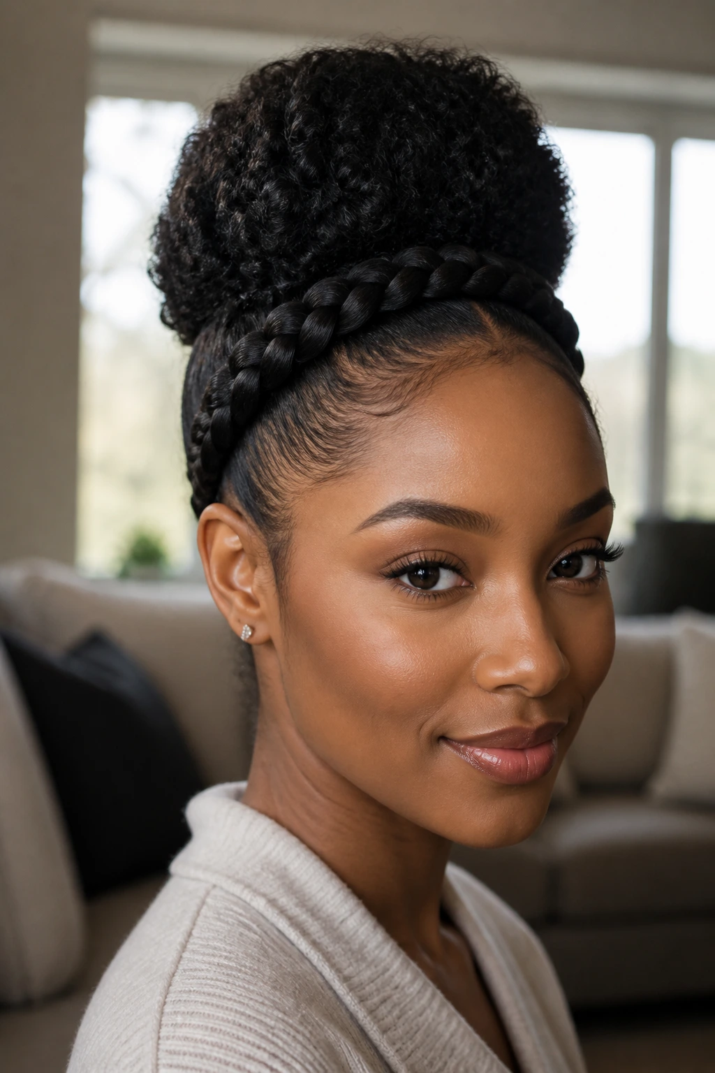Close-up of a real woman wearing a braided crown puff with a crown braid and crown puff.