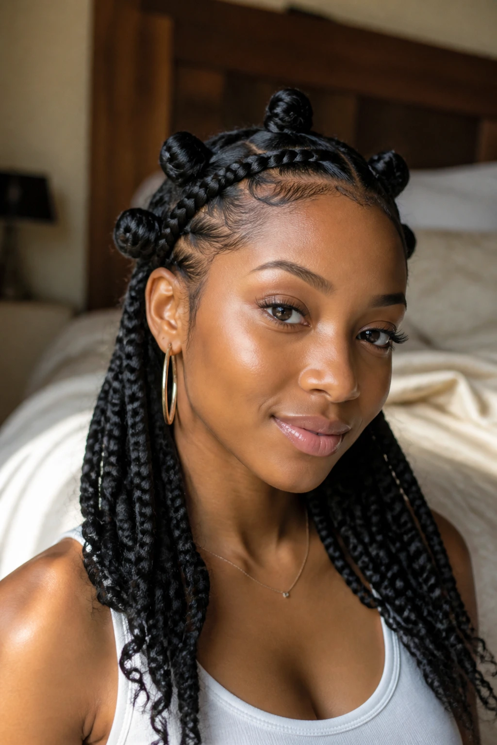Real person with tucked ends and braided crown, hair dominating frame