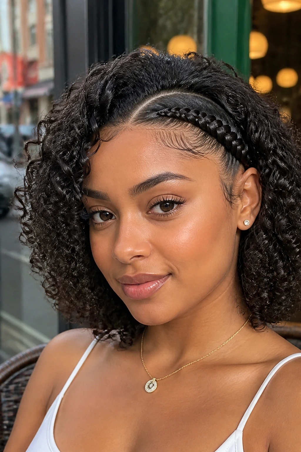 Close-up of a real person with a front braid among open curls