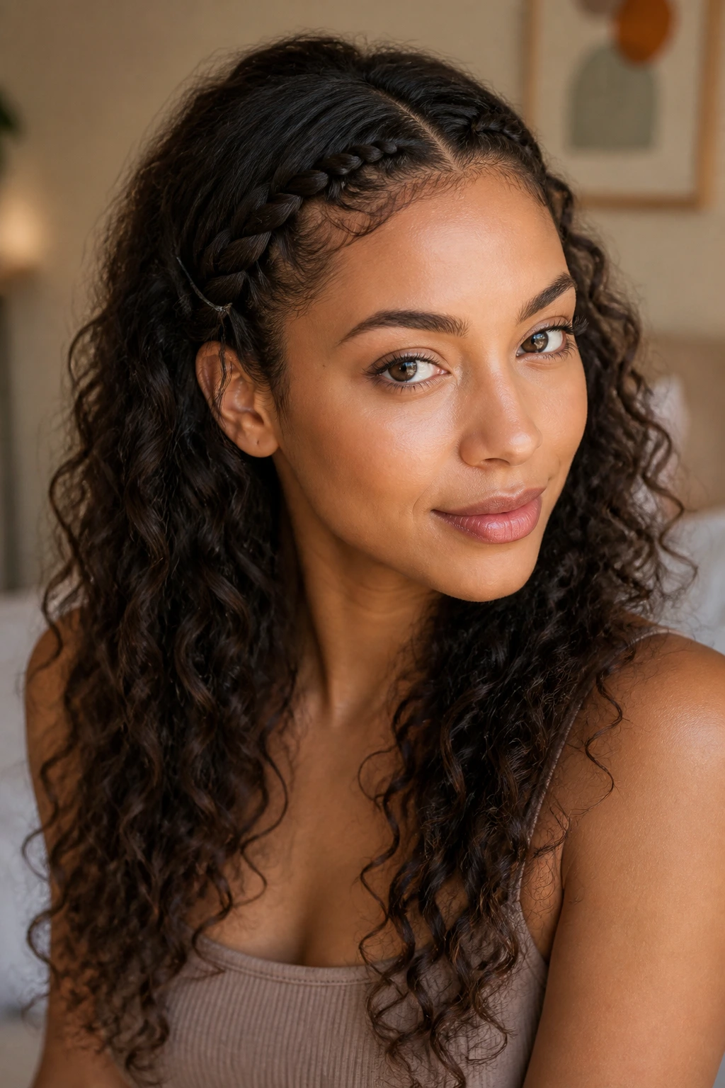 Close-up of a real woman with front braids and free-falling curls