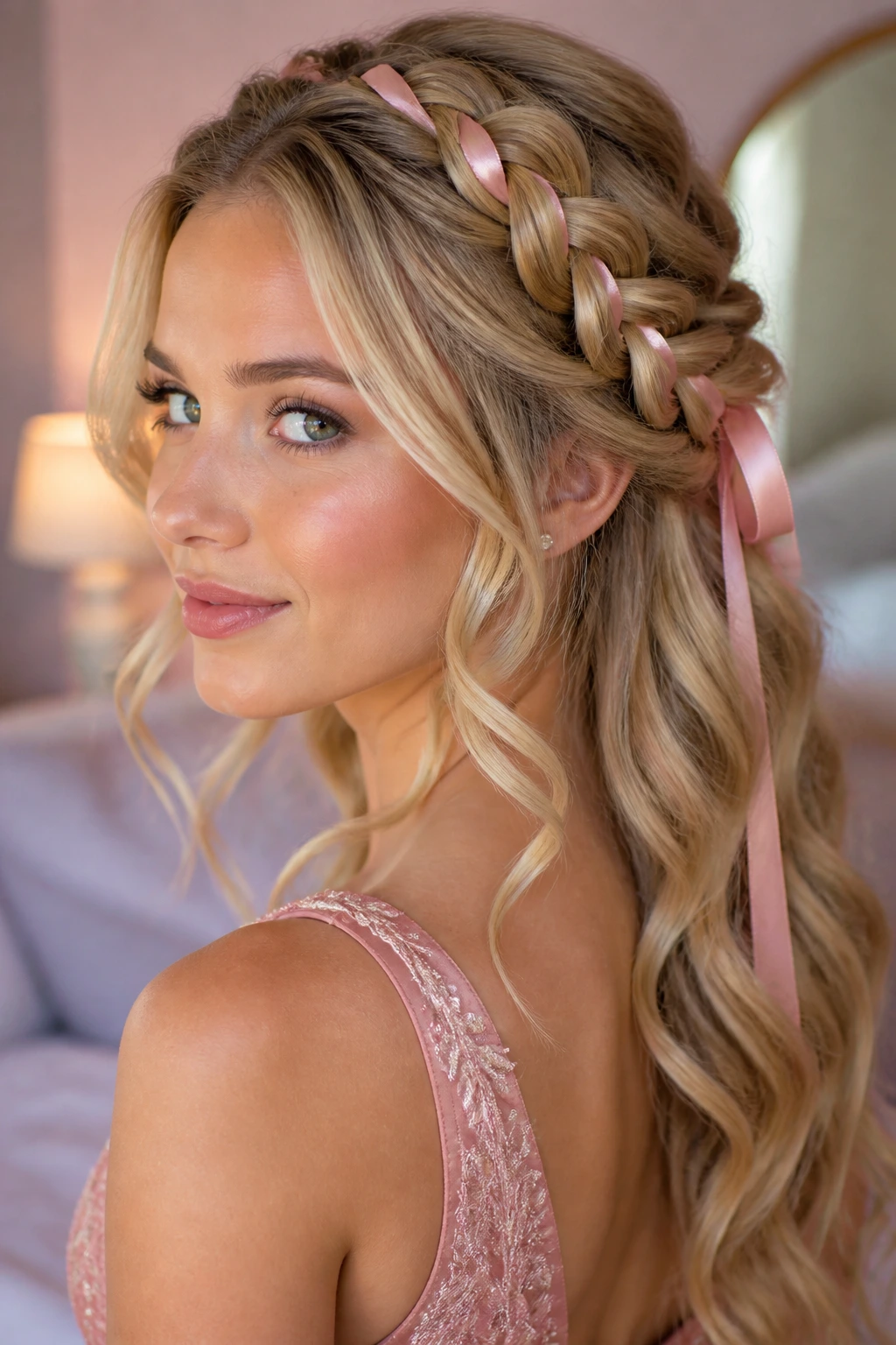 Close-up of a woman with a braided half-up woven with a ribbon