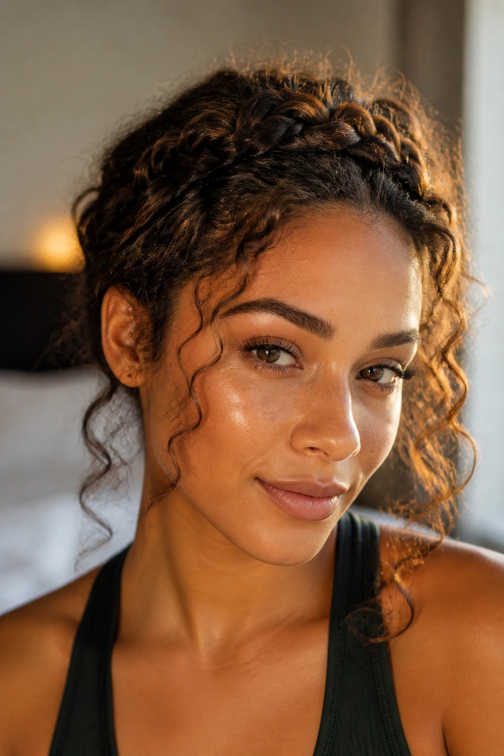 Close-up of a real woman wearing a halo braid at the hairline with loose curls