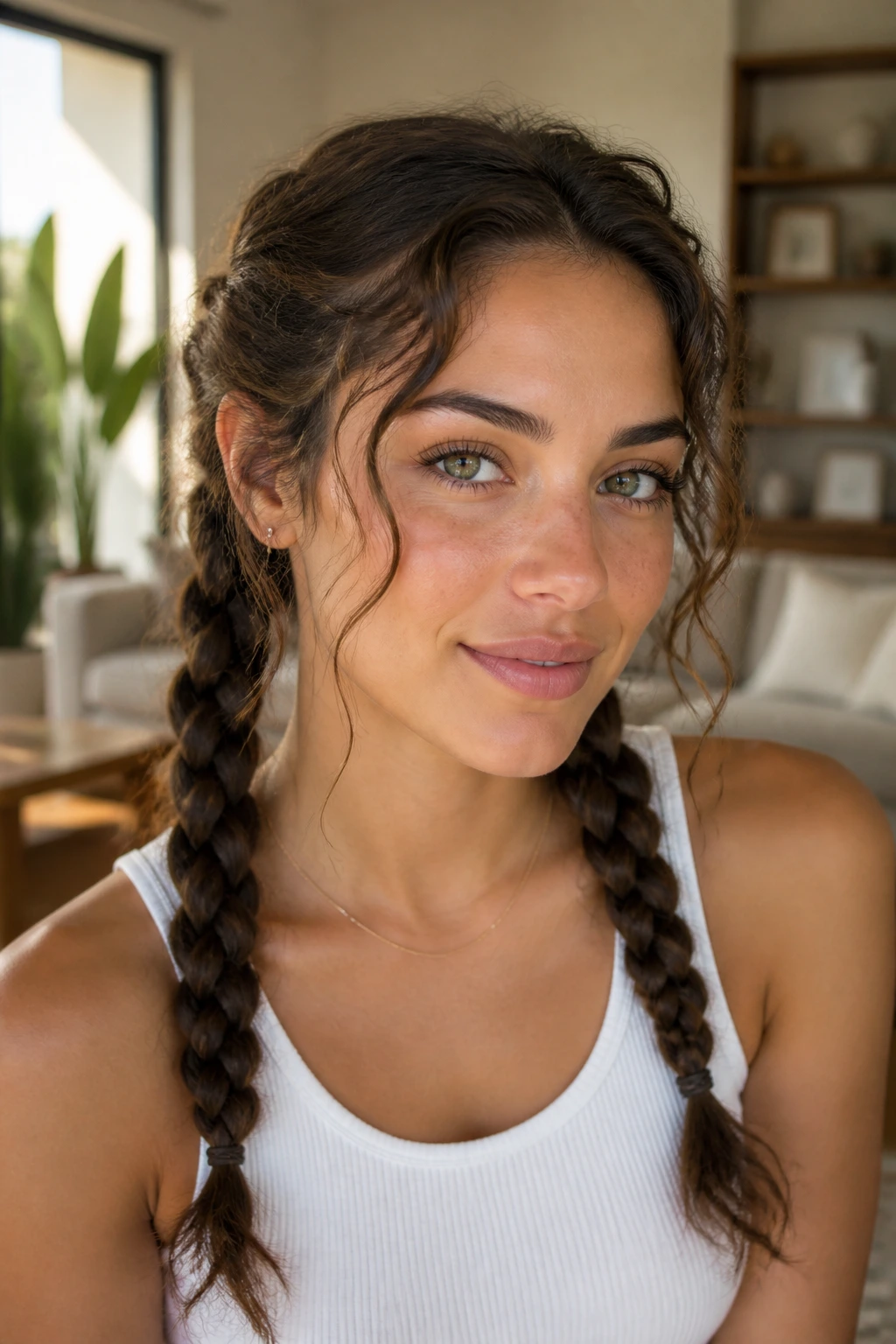 Portrait of a woman with braided pigtails and soft pull-out pieces around the face.