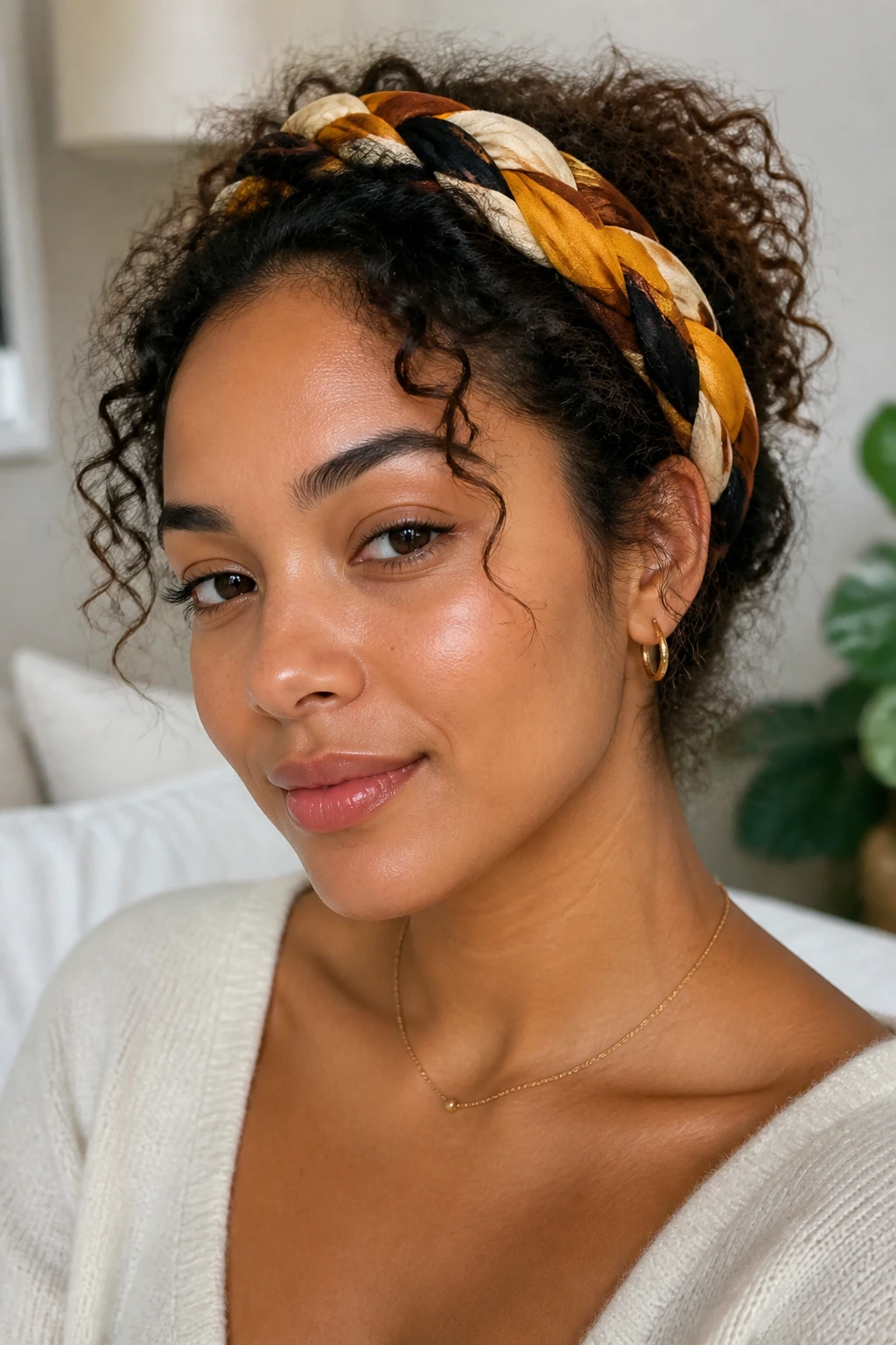 Close-up of a real woman wearing a braided scarf crown, curls visible