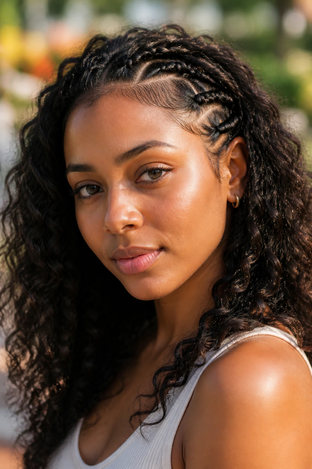 Close-up of a real person with braided sides and loose curls