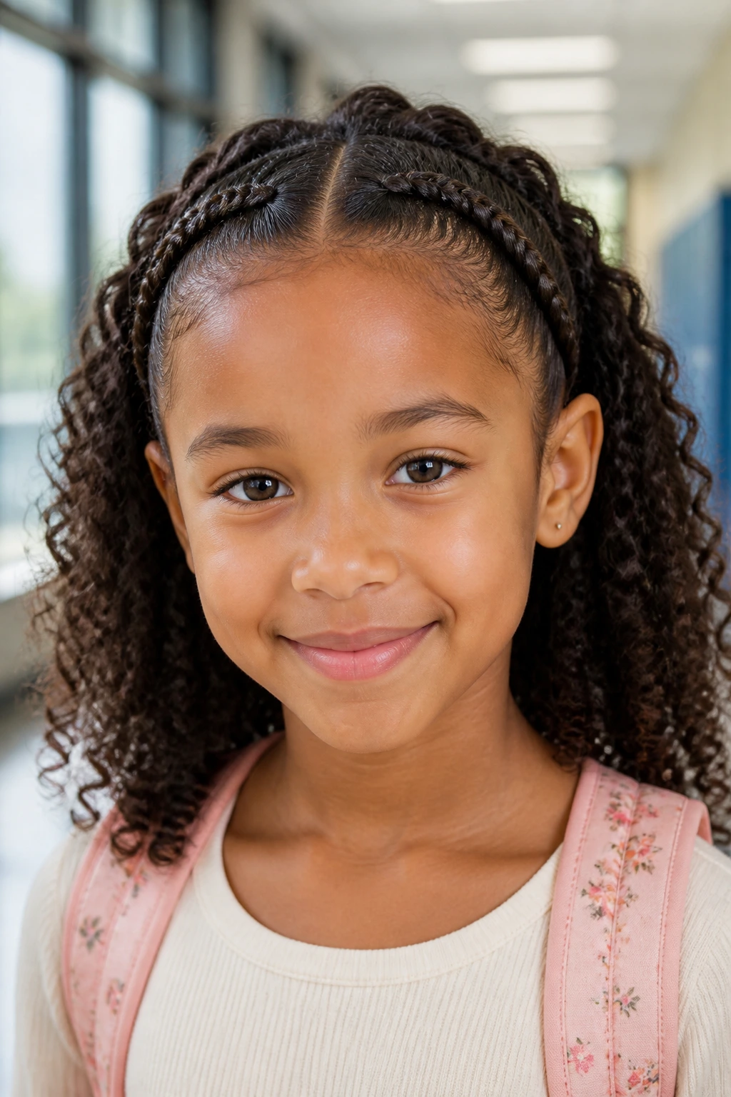 Front braids from hairline with loose curls behind on a child's head.