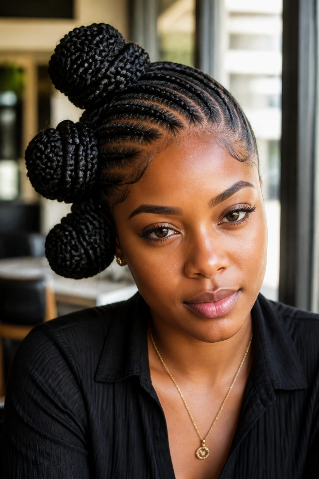 Real person with side-swept braids and three jumbo knots on one side.