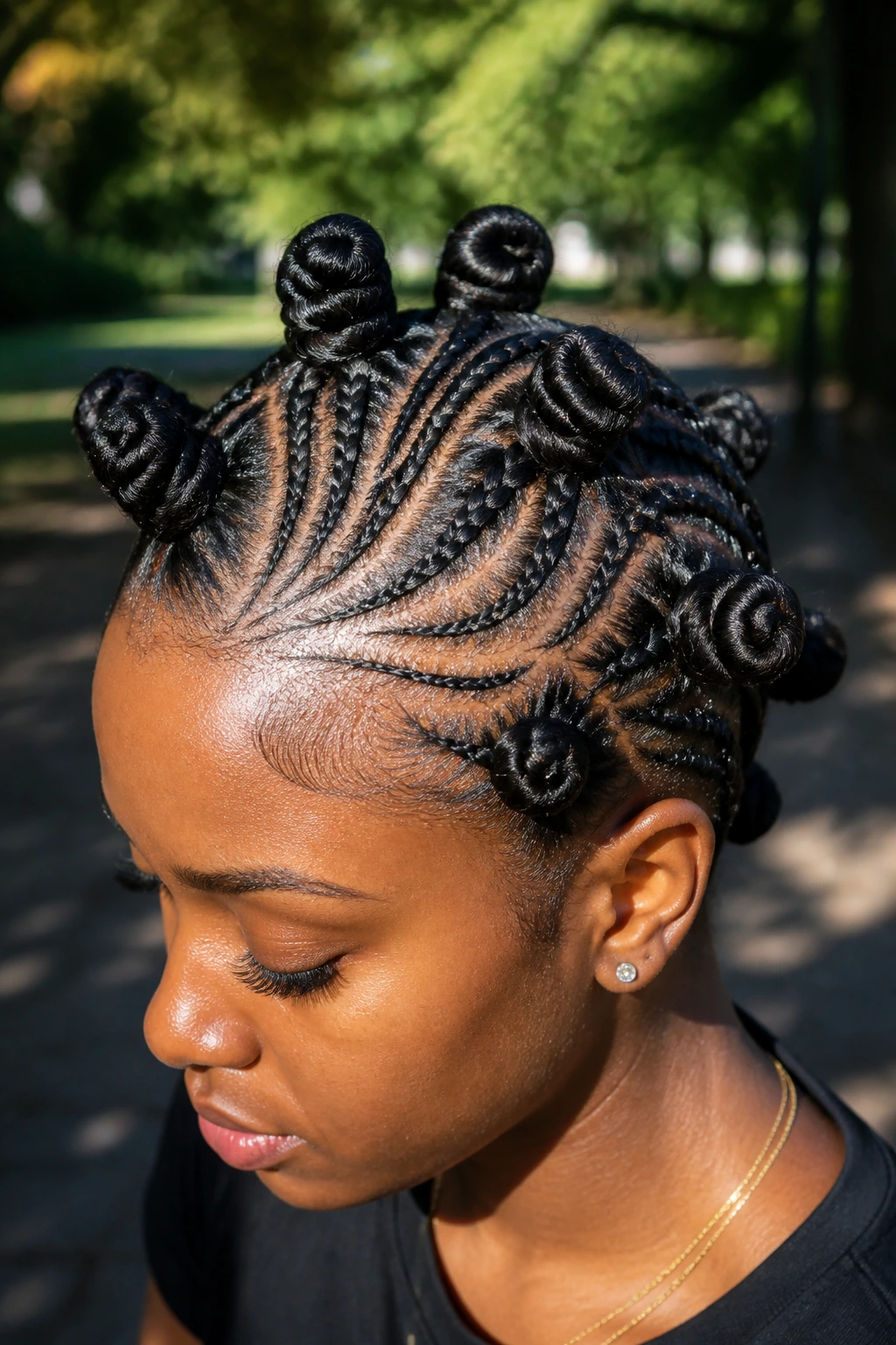 Real person with curved braid lines and knots following scalp contours