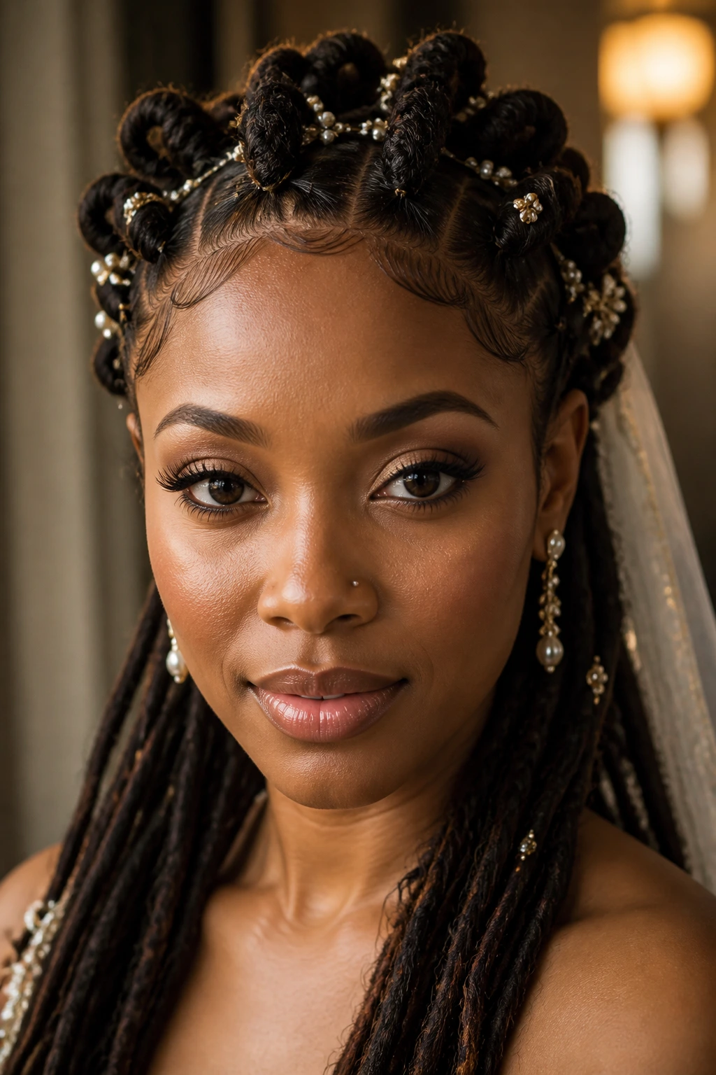 Close-up portrait of a woman wearing bridal-style crown knots with delicate accessories on the crown