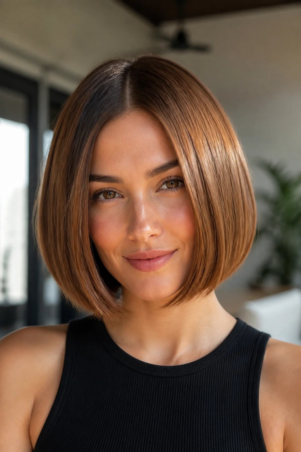 Real woman with bronze sleek bob in bright modern setting