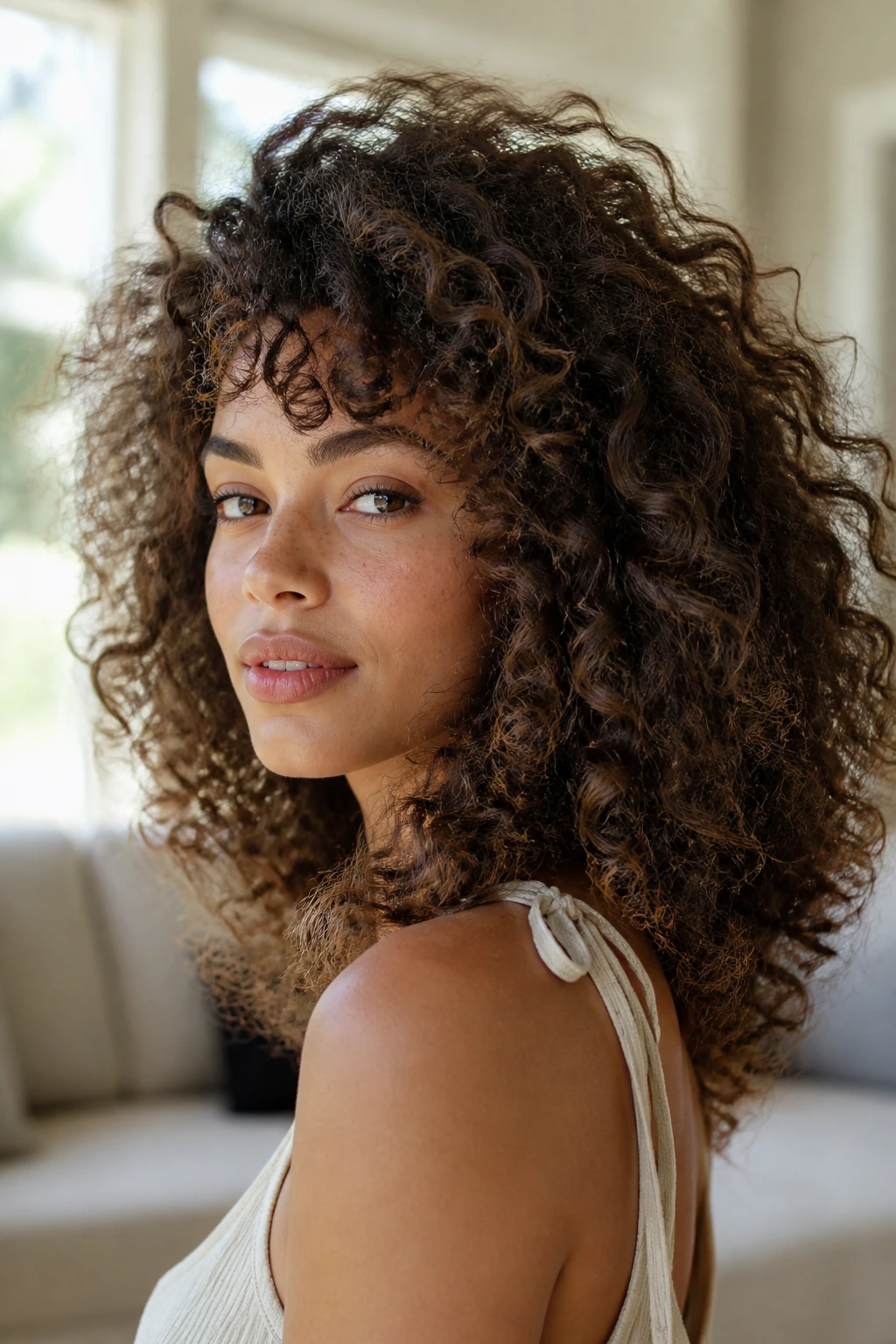 Medium close-up of a real woman with brushed-out soft curls