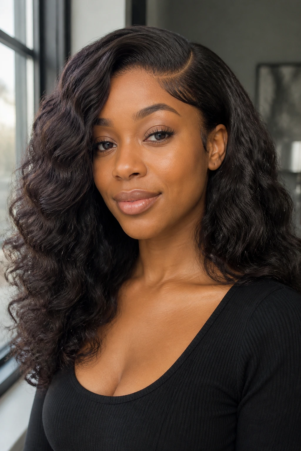 Real woman wearing side-part curly wig with soft brushed waves indoors.