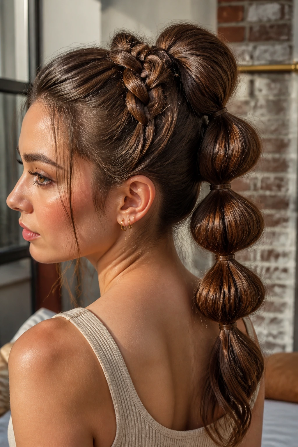 Close-up portrait of a real woman with a butterfly braid at the base of a bubble ponytail