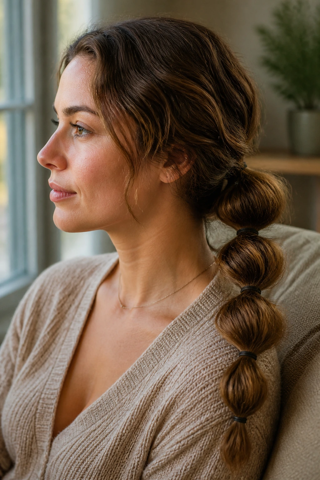 Close-up of a real woman with a bubble ponytail along a low ponytail.