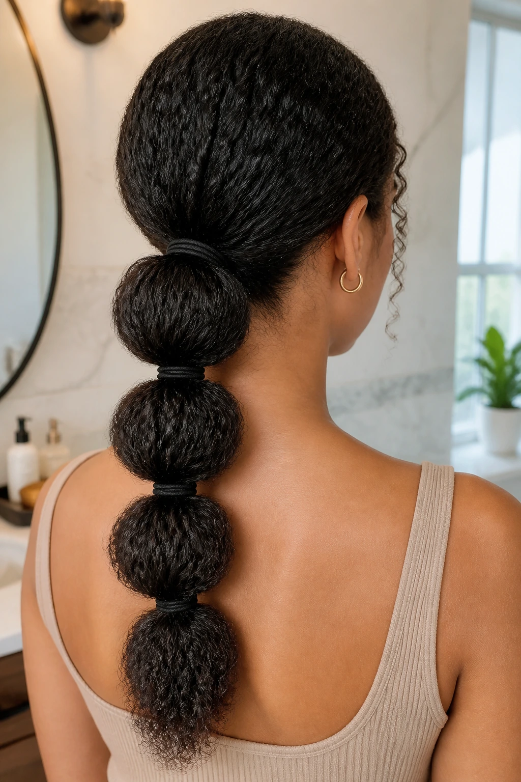 Back of head shows a bubble ponytail on stretched curls with multiple elastics along the length.