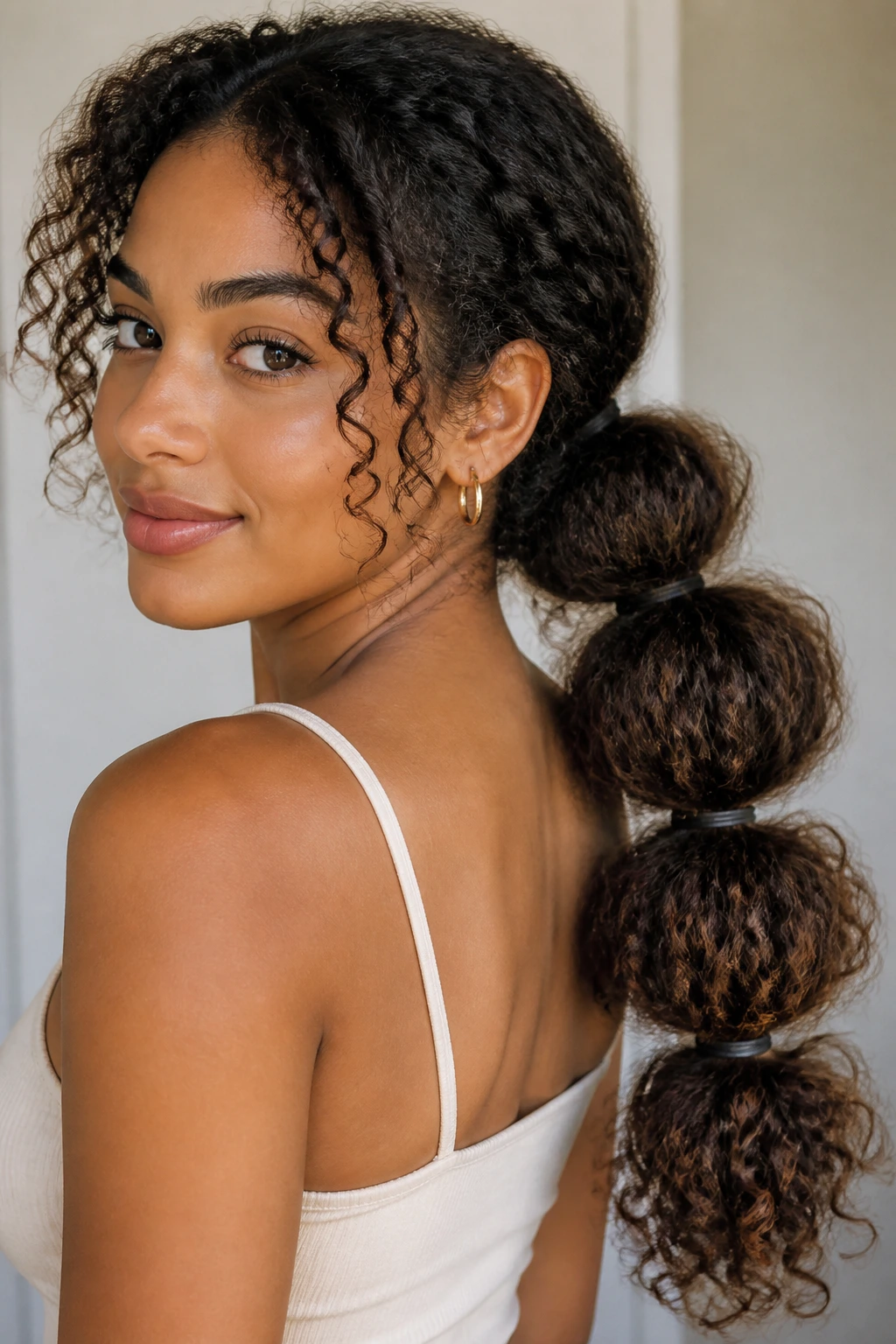 Close-up of a real person with a bubble ponytail on curly hair