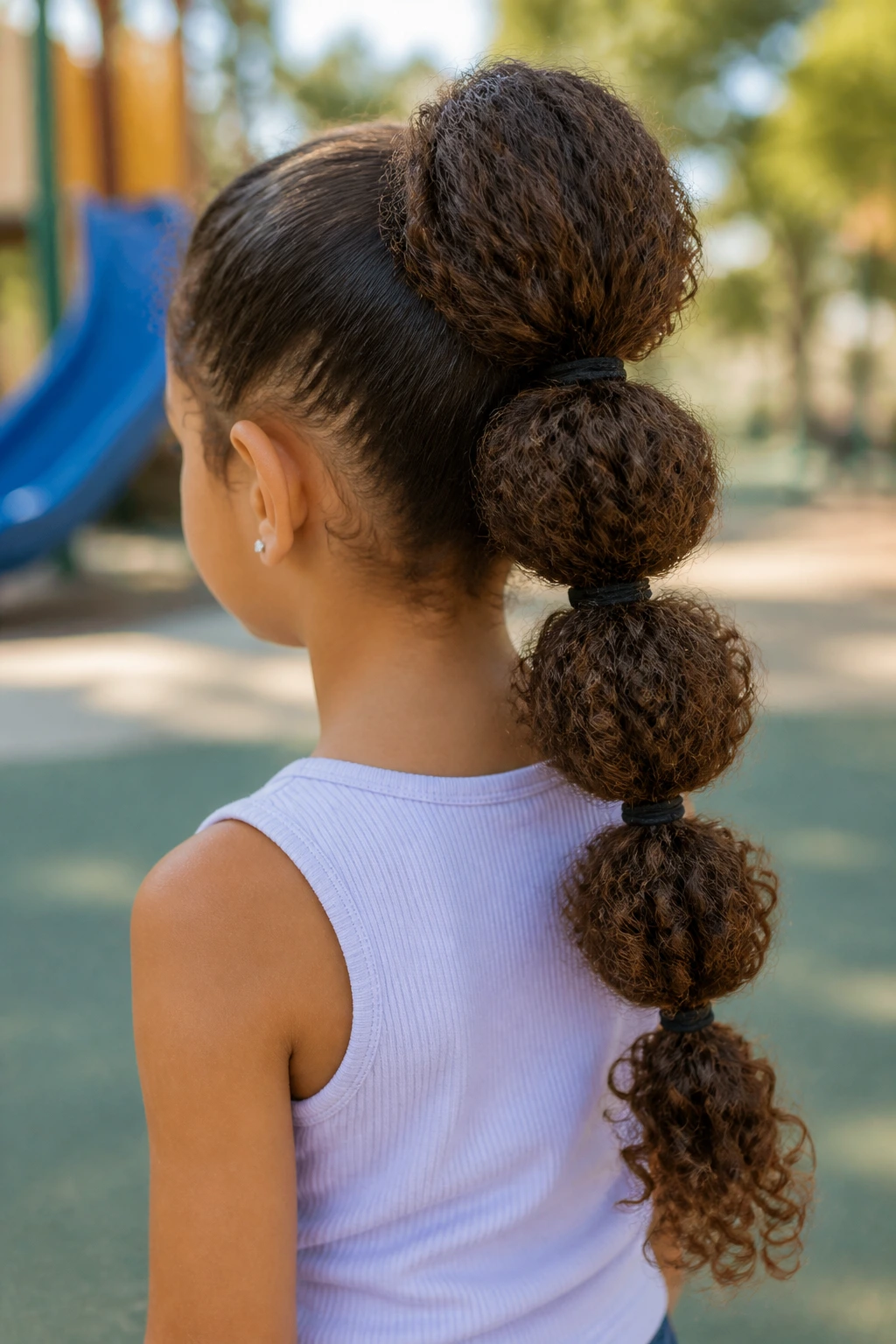 Rear view of child’s bubble ponytail with curly segments and elastic bubbles.