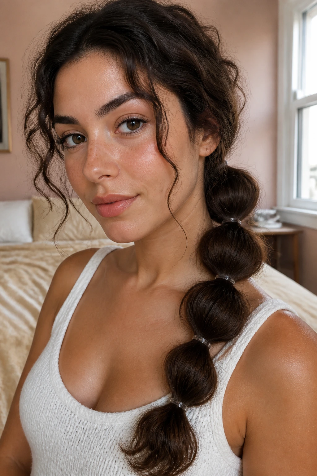 Close-up of a woman with a bubble ponytail, elastics creating bubble sections, in a cozy bedroom with natural light.