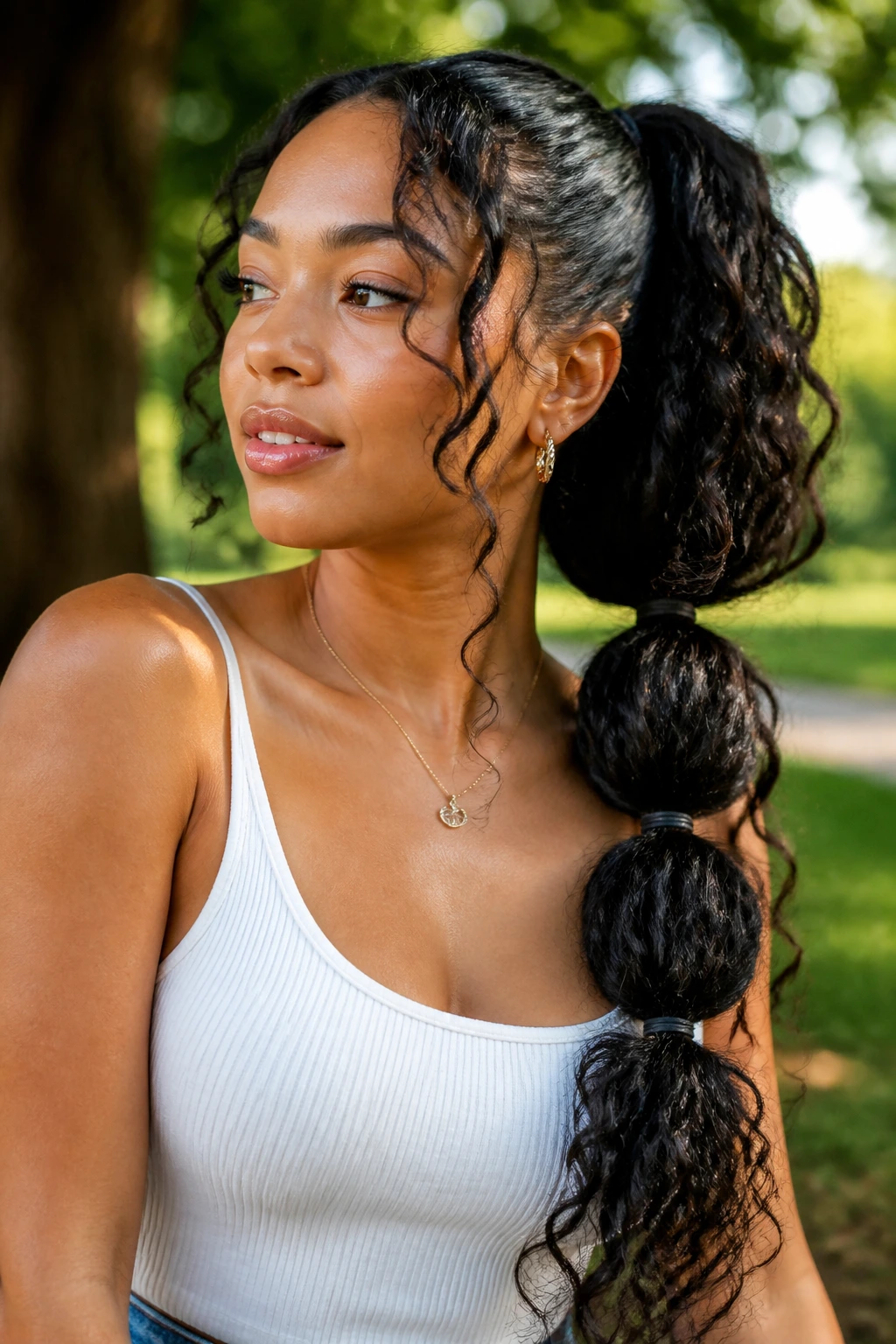 Portrait of a woman with a bubble ponytail on long curls.