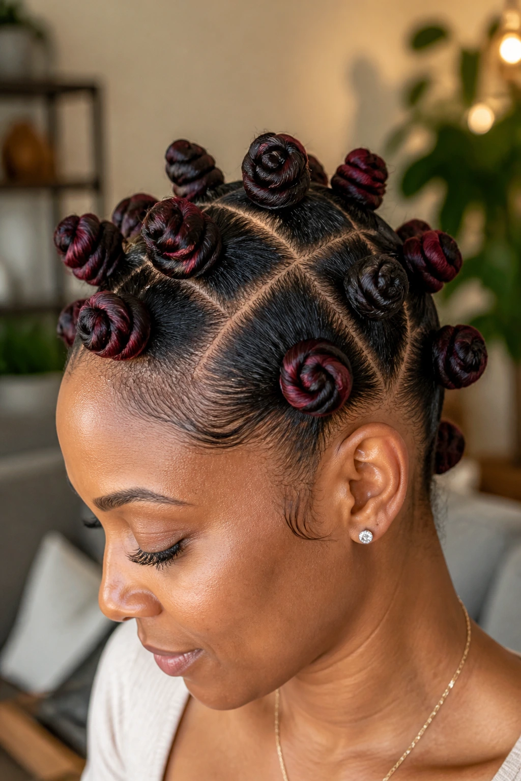 Close-up of deep burgundy blend Bantu knots on a real person