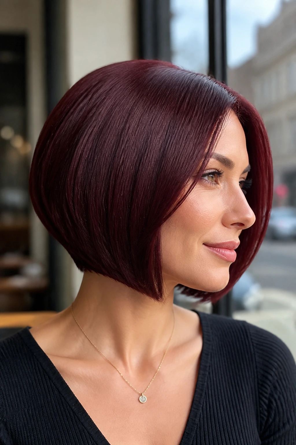 Close-up portrait of a real woman with a sleek inverted burgundy bob featuring a tucked nape and longer front sections to frame the face
