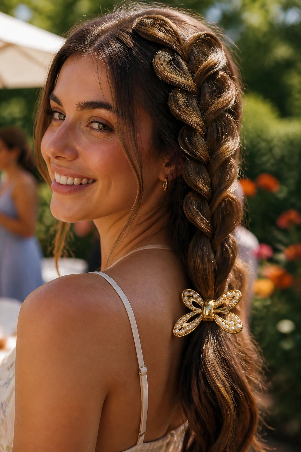 Close-up portrait of a real woman with a butterfly braid ponytail and a claw clip accessory
