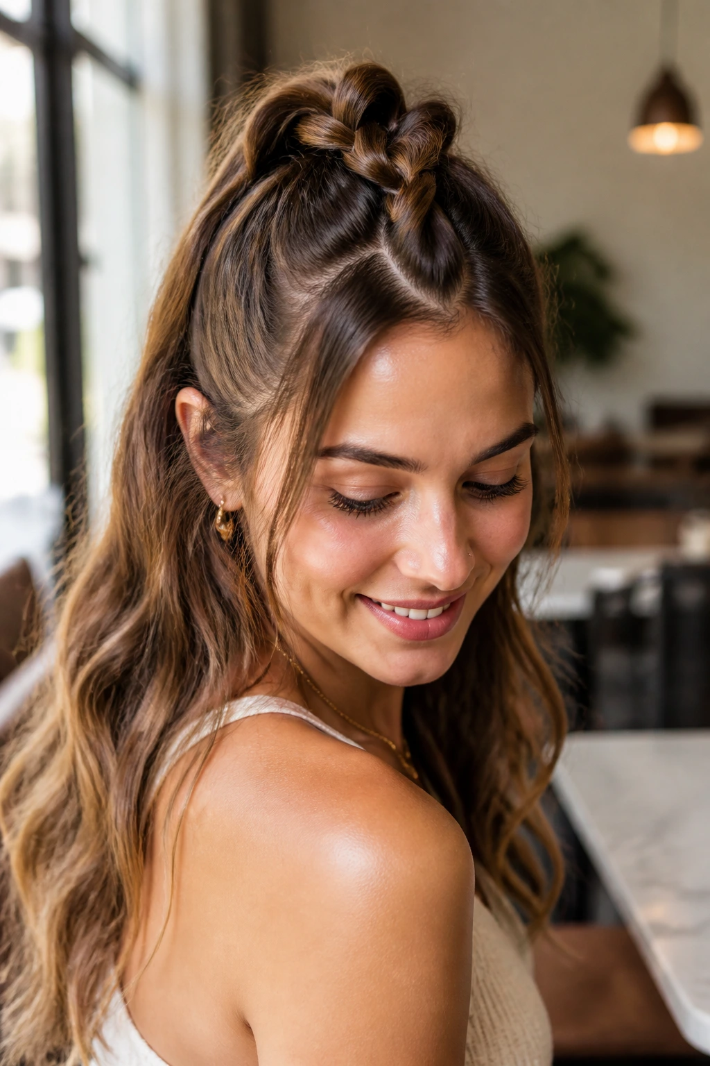 Real woman with a half-up butterfly braid ponytail, top braided and bottom hair loose