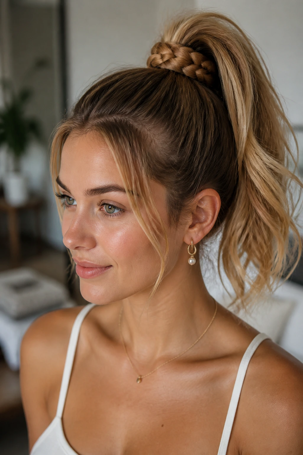 Close-up of a real woman with a classic high butterfly braid ponytail under soft window light