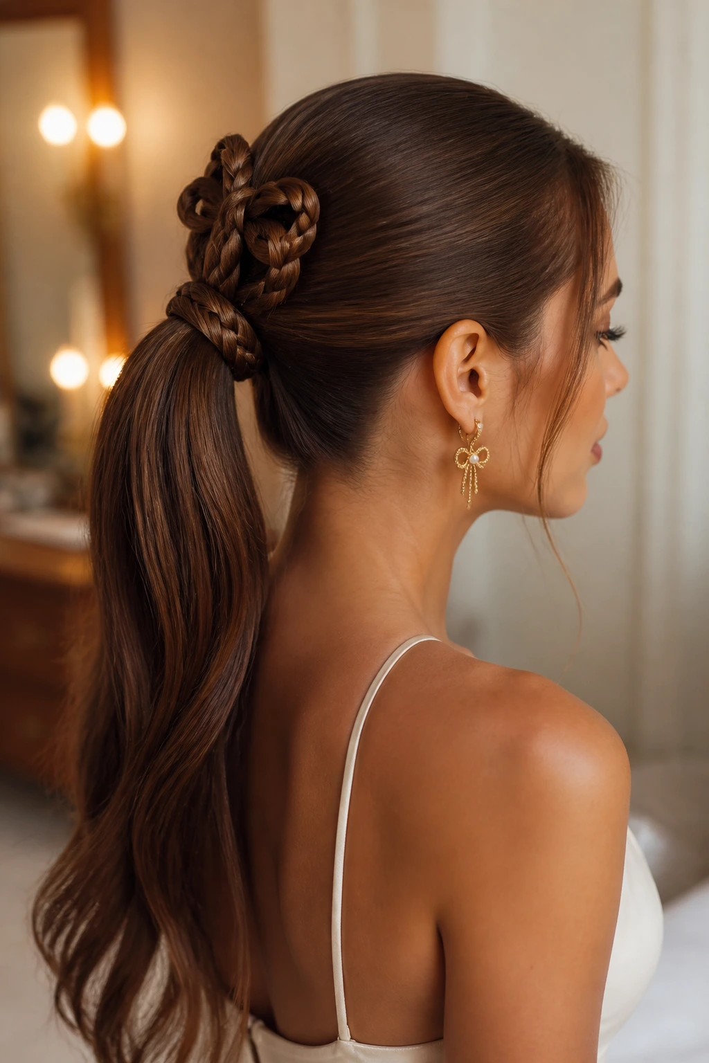 Real woman with butterfly braid and braided wrap around the pony base