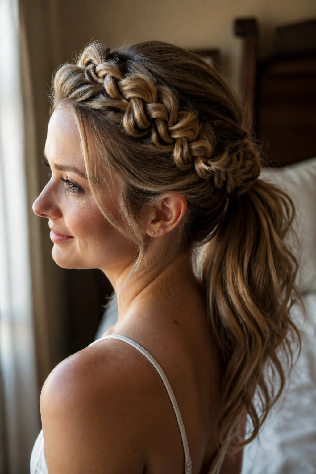 Close-up portrait of a real woman with a crown butterfly braid arching over her head into a ponytail, in warm window light