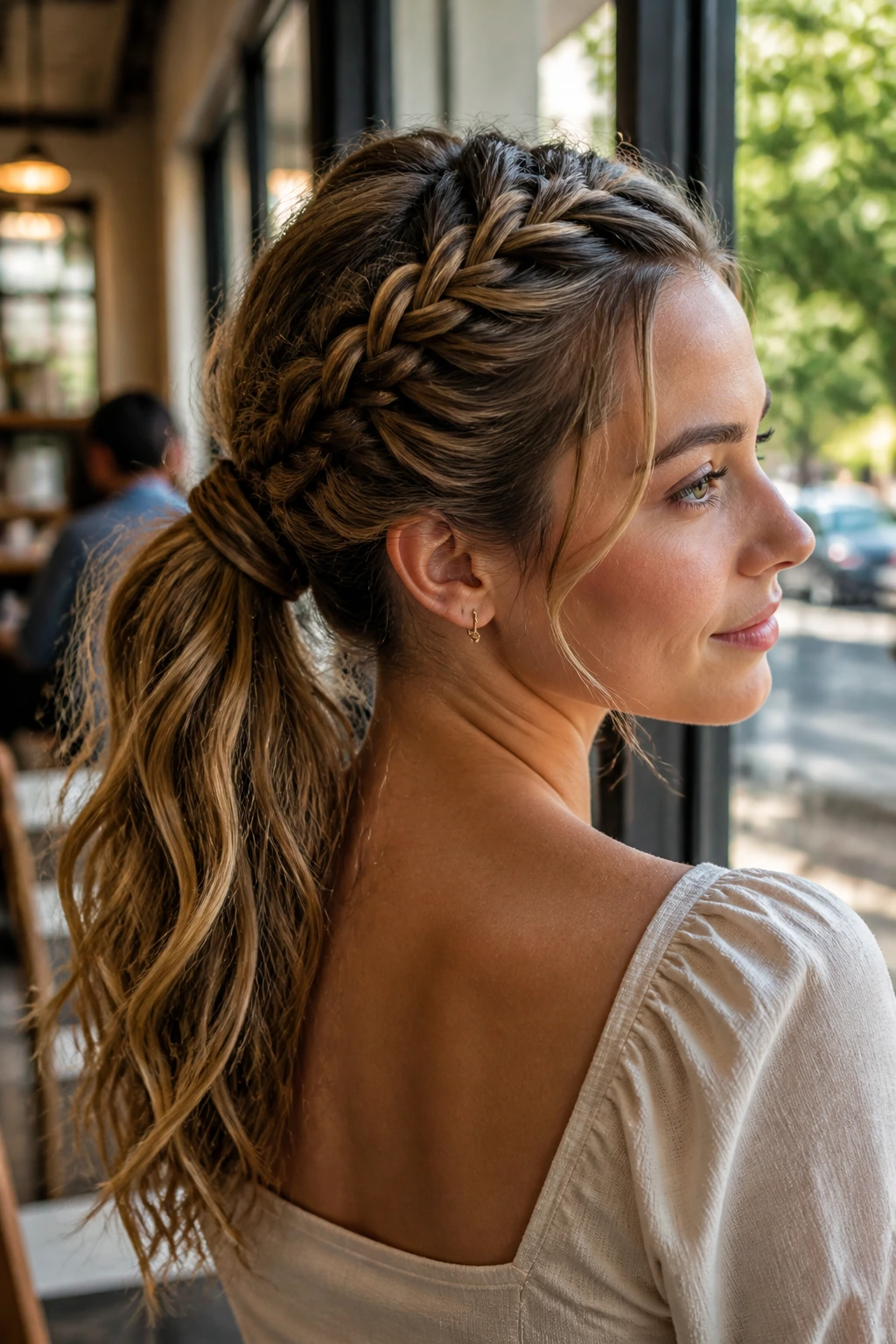 Close-up portrait of a real woman with a butterfly crown braid and fishtail texture flowing into a ponytail