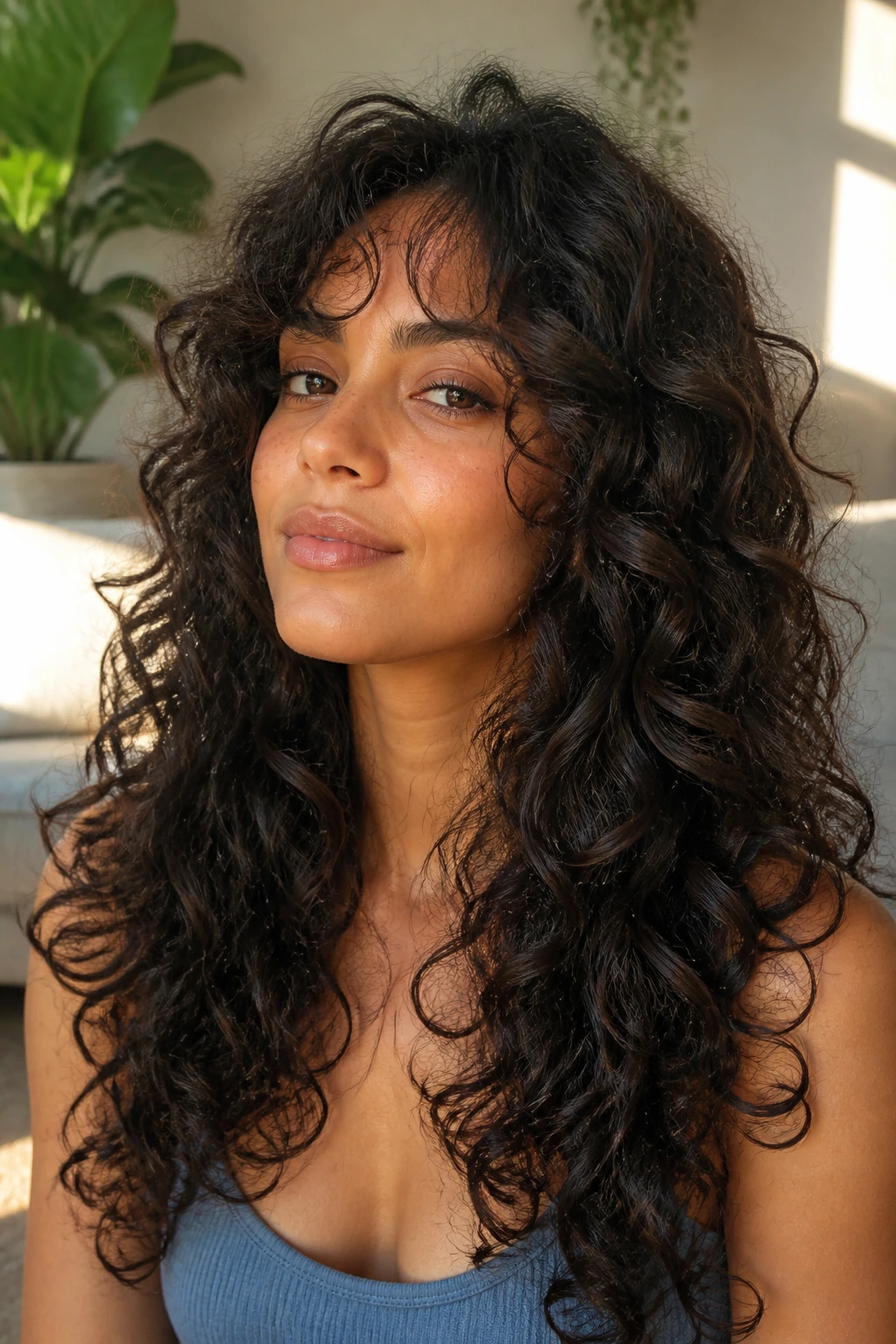 Close-up portrait of a real woman with butterfly layers on long curls