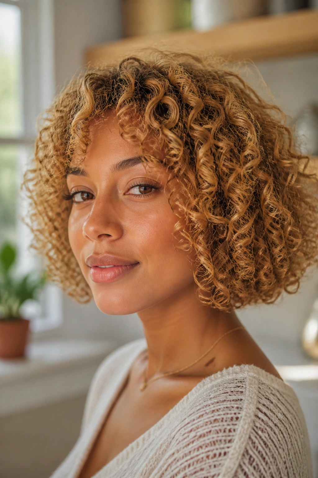 Close-up of a real woman with a butterscotch curly bob