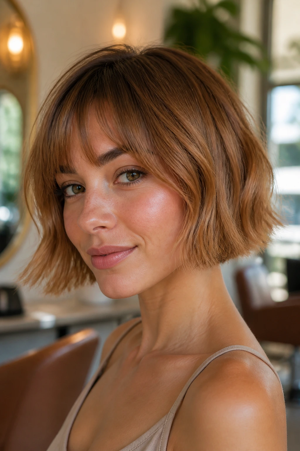 Real woman with caramel French bob and airy ends