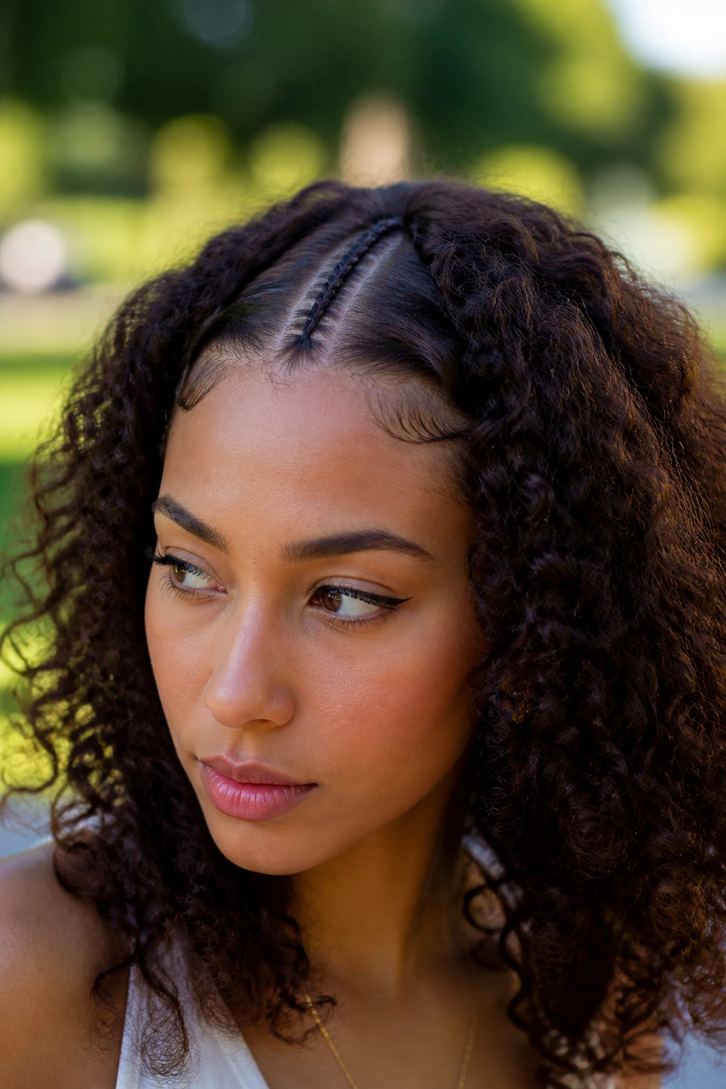 Close-up of a woman with a tiny center front cornrow stopping at the crown