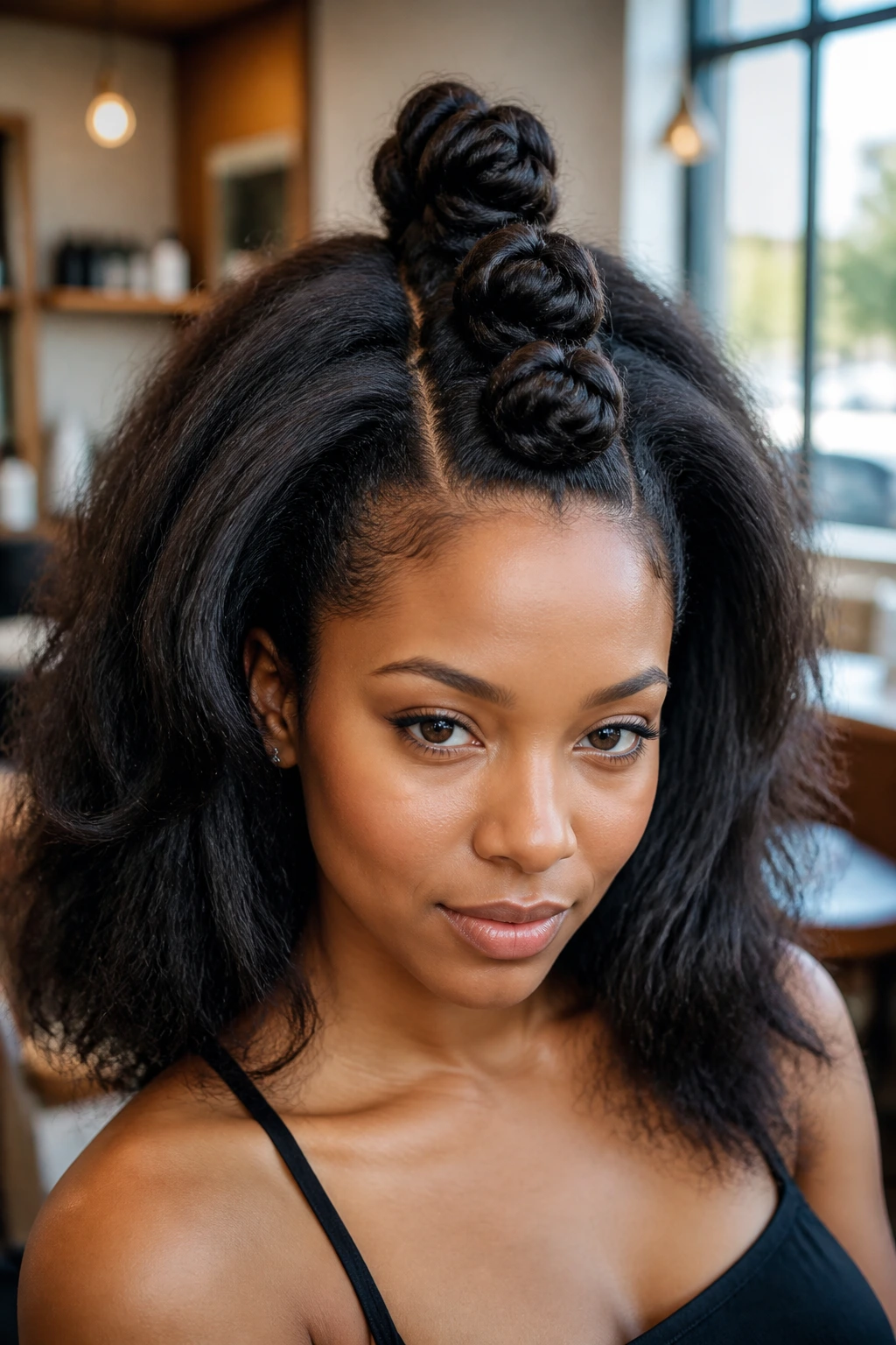 Close-up of a real woman with jumbo center knots in a soft blowout under natural light