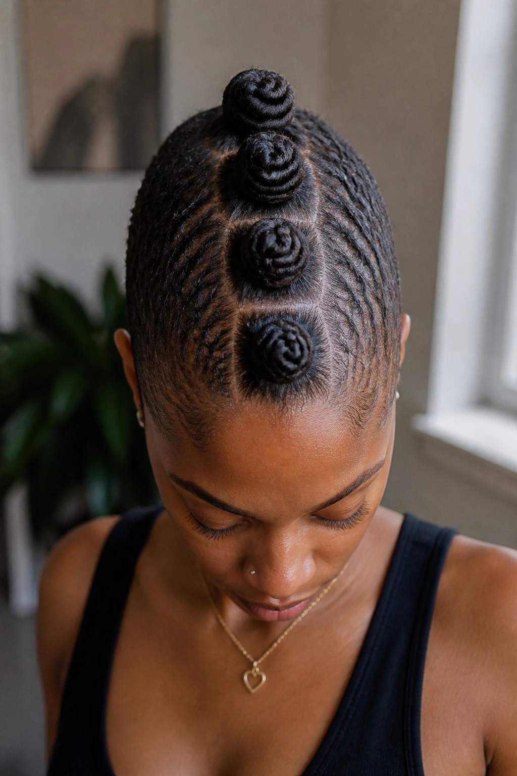Portrait showing a center mohawk row of knots down the middle of the head on a real person
